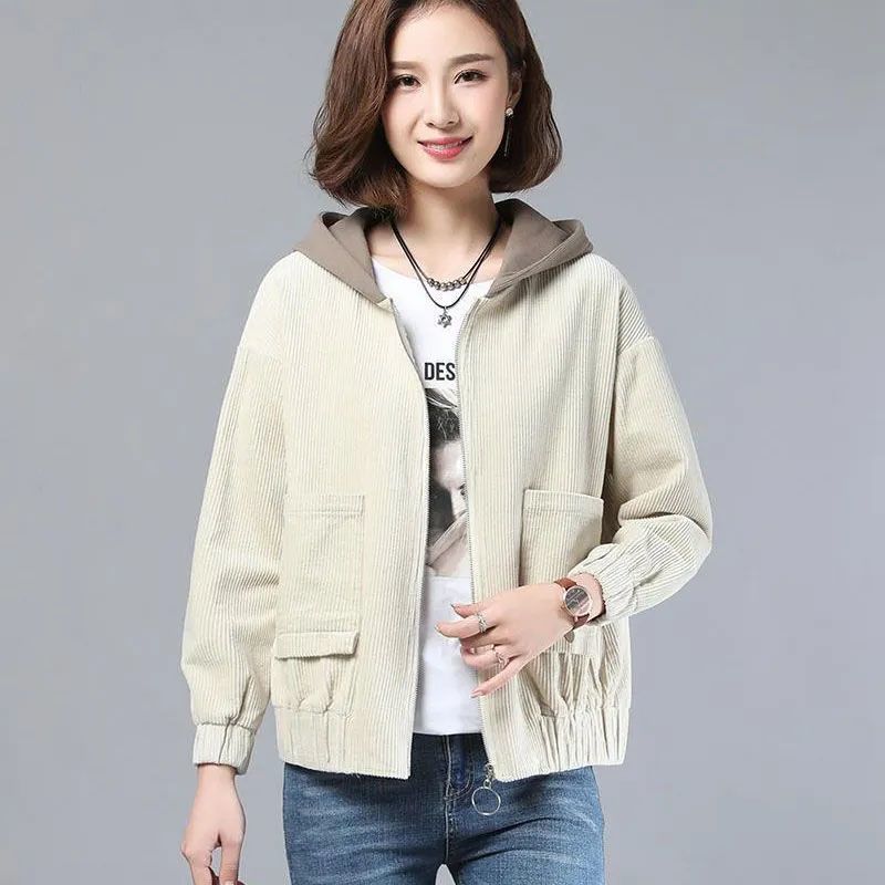 Women's Corduroy Short Versatile Hooded Loose Jacket Plus Size Korean Style Outerwear for Spring and Autumn