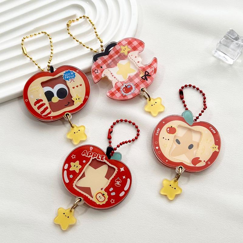 1In Photo Card Holder Cartoon Apple Shaped Photo Album Keychain For Bags Acrylic Charm Kpop Idol Photocard Protector Cover