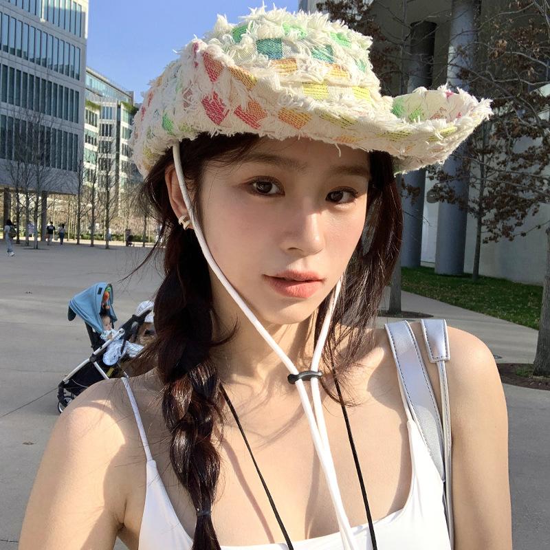 American Colorful Breasted Women's Summer Versatile Big Hat Showing Face Small Hiking Hat Big Face Slim Hat Trendy Fisherman's Hat