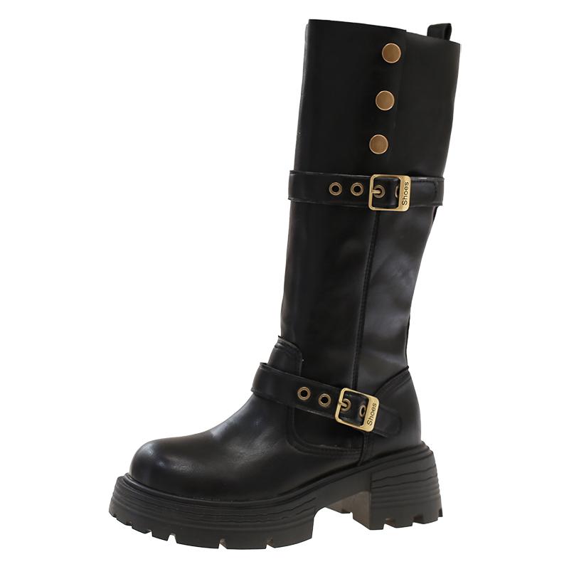 Stylish Block Heel Single Boots Autumn New Round Toe Studded Platform Sleeve Non-Slip Mid-Leg Boots