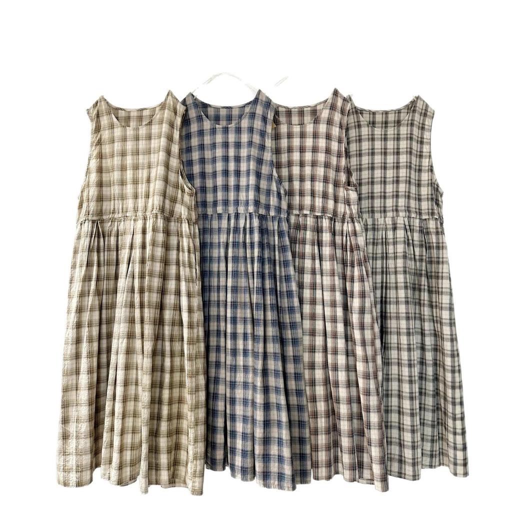Wei Qi Spring/Summer Mori Style Cotton Linen Plaid Drawstring Vest Dress - Women's Loose Layered Long Dress