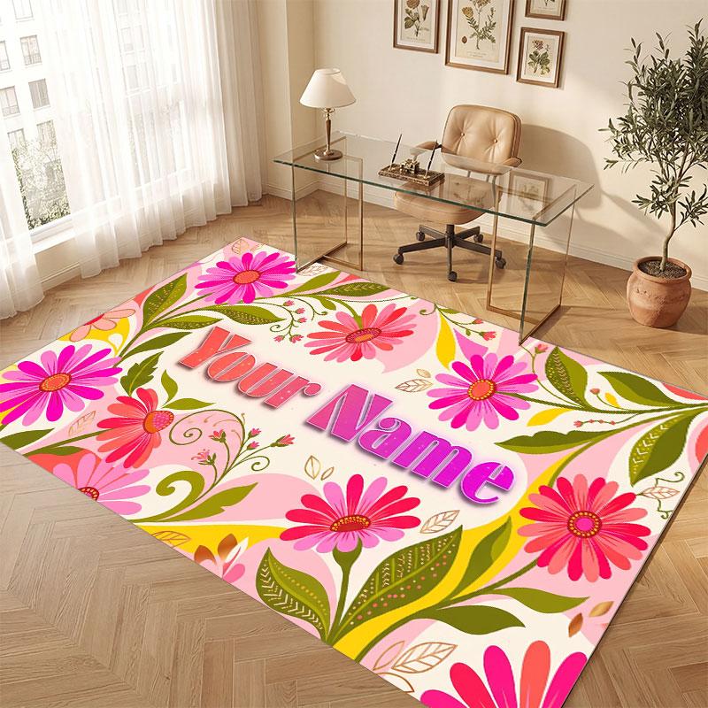 Floral Garden Theme Crystal Velvet Floor Rug Personalized Custom Name Text Warm Carpet Home Decoration