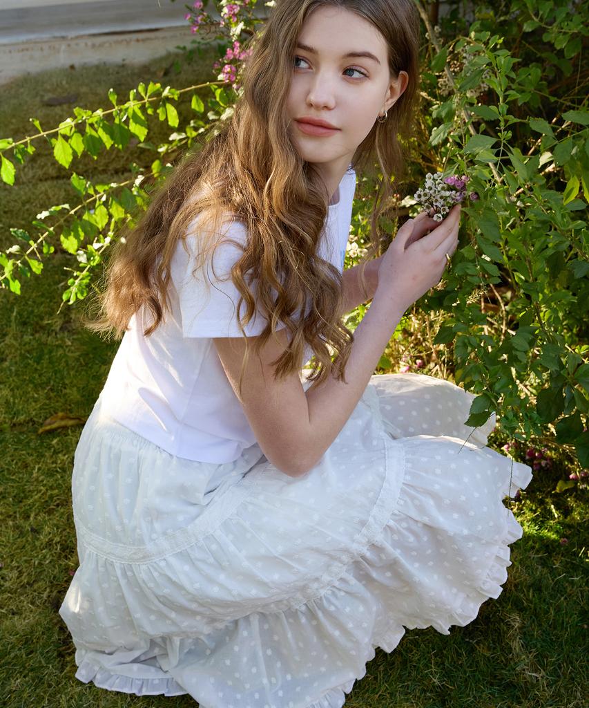 Letter From Moon Flower Lace Tiered Midi Skirt (White)