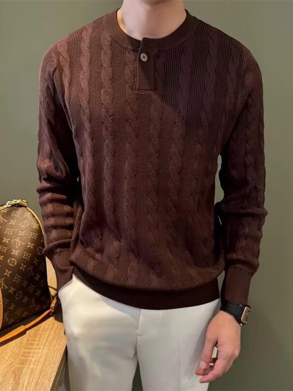 

Men s Trendy White Henley Collar Knitwear: Thick Cable Knit Long Sleeve for Autumn/Winter 3XL кавовий
