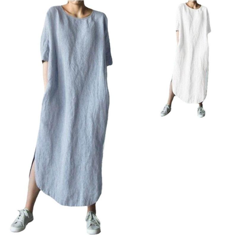Cotton and Linen Round Neck Half Sleeved Solid Color Side Slit Mid Calf Pocket Dress