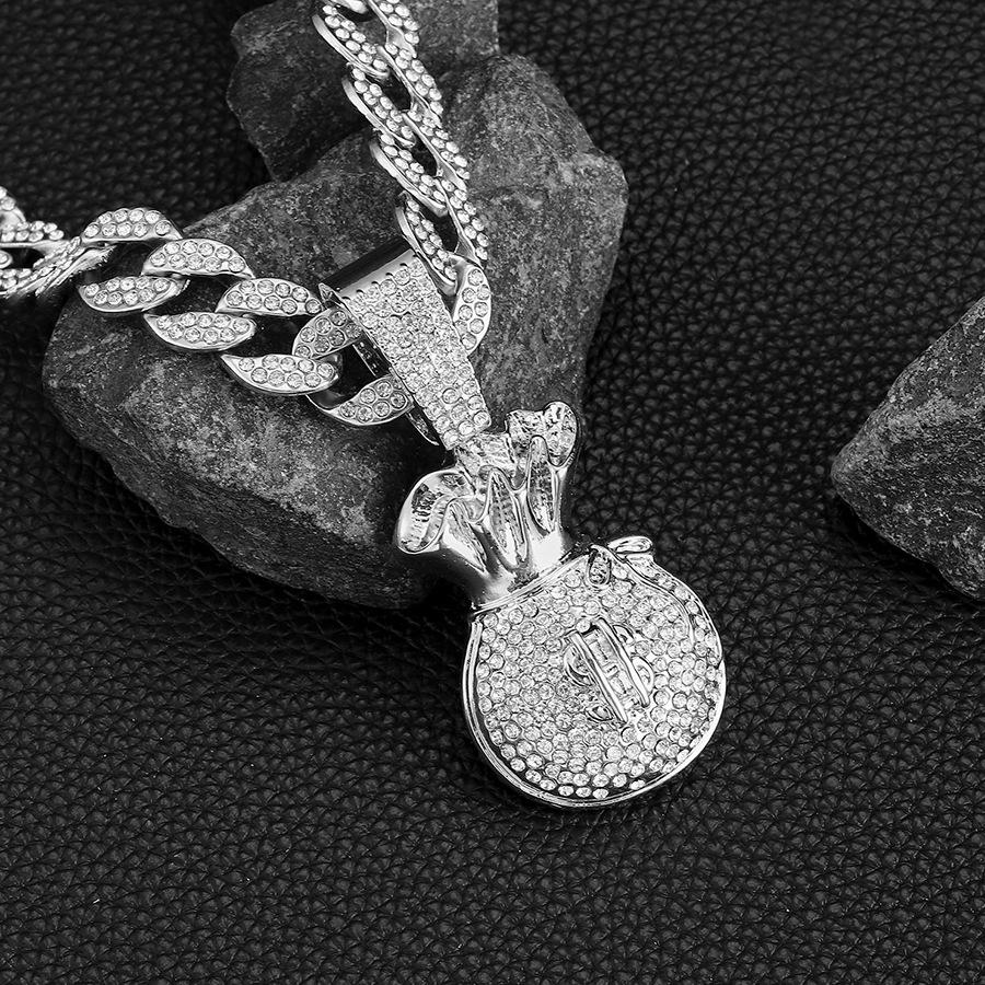 Hip Hop USD Full Diamond Personalized USD Symbol Money Bag Alloy Pendant Hip Hop Men's Cuban Chain Necklace
