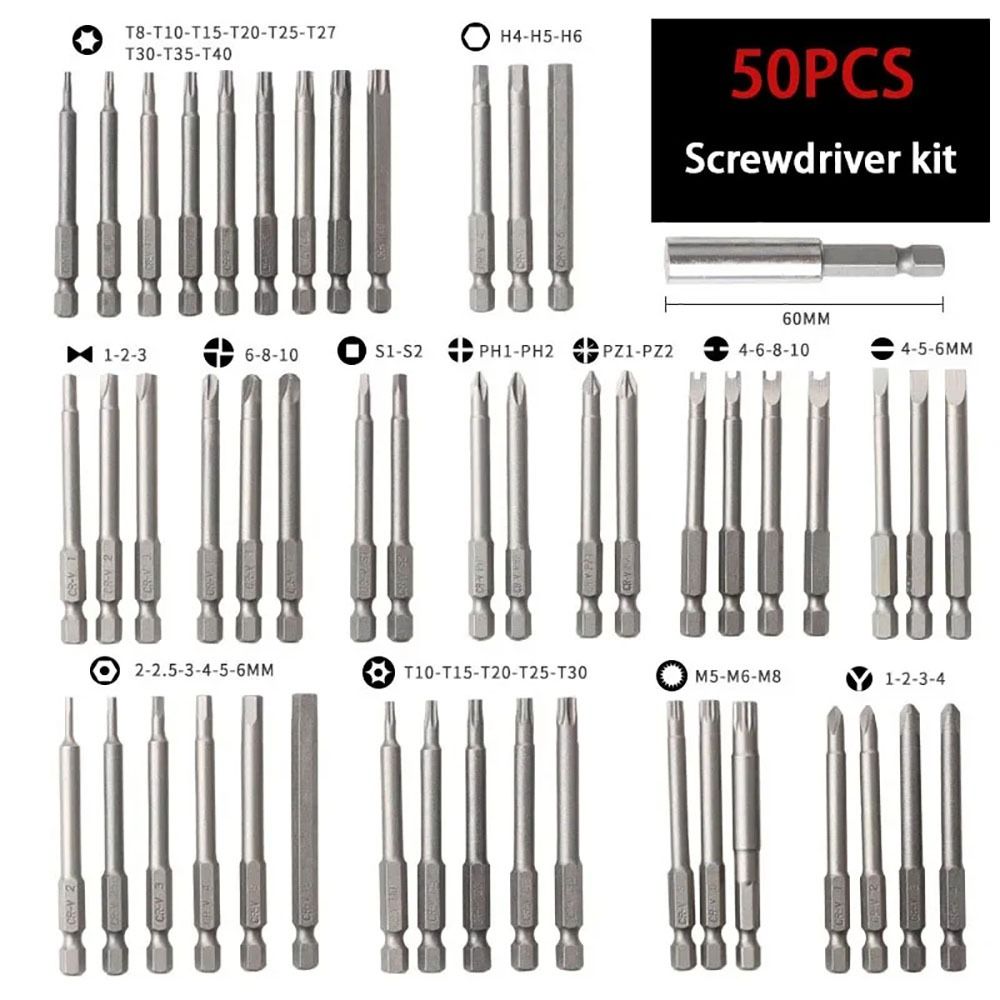 50/36Pcs 1/4 Head Long Screwdriver Bit Set Extra Long Torx Star Hex Spline Bit
