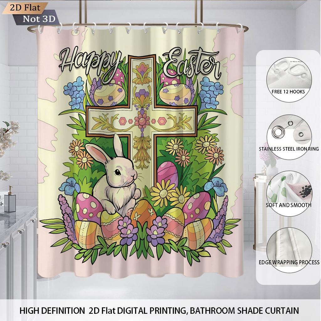 4pcs Easter Cartoon Rabbit Cross Print Bathroom Set 180x180 Waterproof Shower Curtain 12 Hooks Floor Mat Toilet Mat U-Shaped Mat