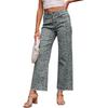 Women's High Waist Straight Leg Jeans Leopard Print Raw Frayed Hem Denim Long Pants