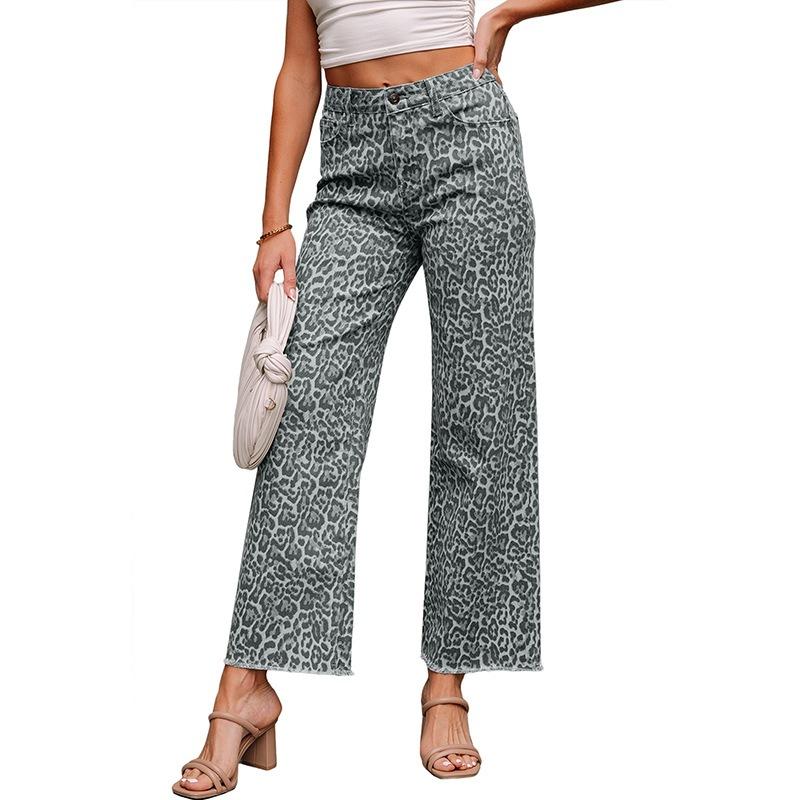 Women's High Waist Straight Leg Jeans Leopard Print Raw Frayed Hem Denim Long Pants