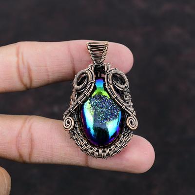 Titanium Druzy Pendant Copper Wire Wrapped Pendant Handmade Copper Jewelry Natural Gemstone Pendant Wonderful Wire Wrap Jewelry Gift For Him