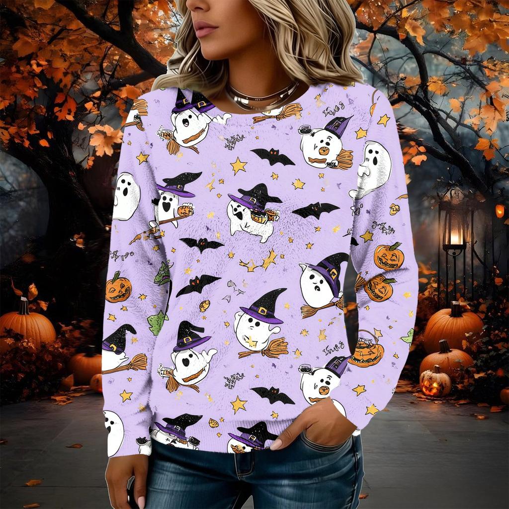 Women's Flannel Long Sleeve Top with Halloween Print Neck Pullover Shirt