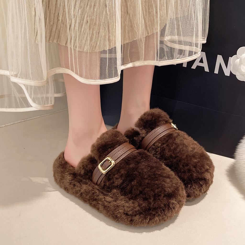 Winter neue zwei Tragevarianten flauschige Schuhe Damen dicksohlige Gürtelschnalle Samt warm ein Pedal Baumwollschuhe Damen Tide