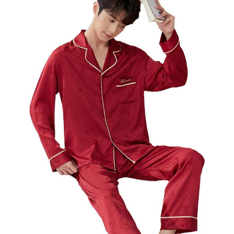Year of the Rat Red Heart Couple Pajamas - Soft, Colorfast Ice Silk Jacquard for Weddings