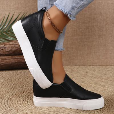 Sapatos Femininos Modernos para Aumentar a Altura Interior 2024 Novos Couro de Alta Qualidade Sola Grossa Cor Sólida Bico Redondo Versátil Sapatos Casuais