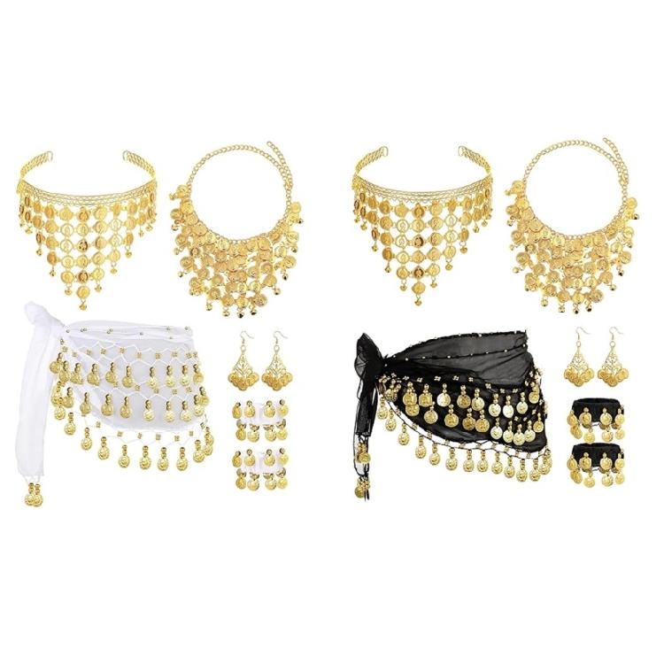 Womens Belly Dance Accessories Set with Hip Scarf Wrap Gold Coin Headband Belly Dance Necklace Earrings and Bracelets