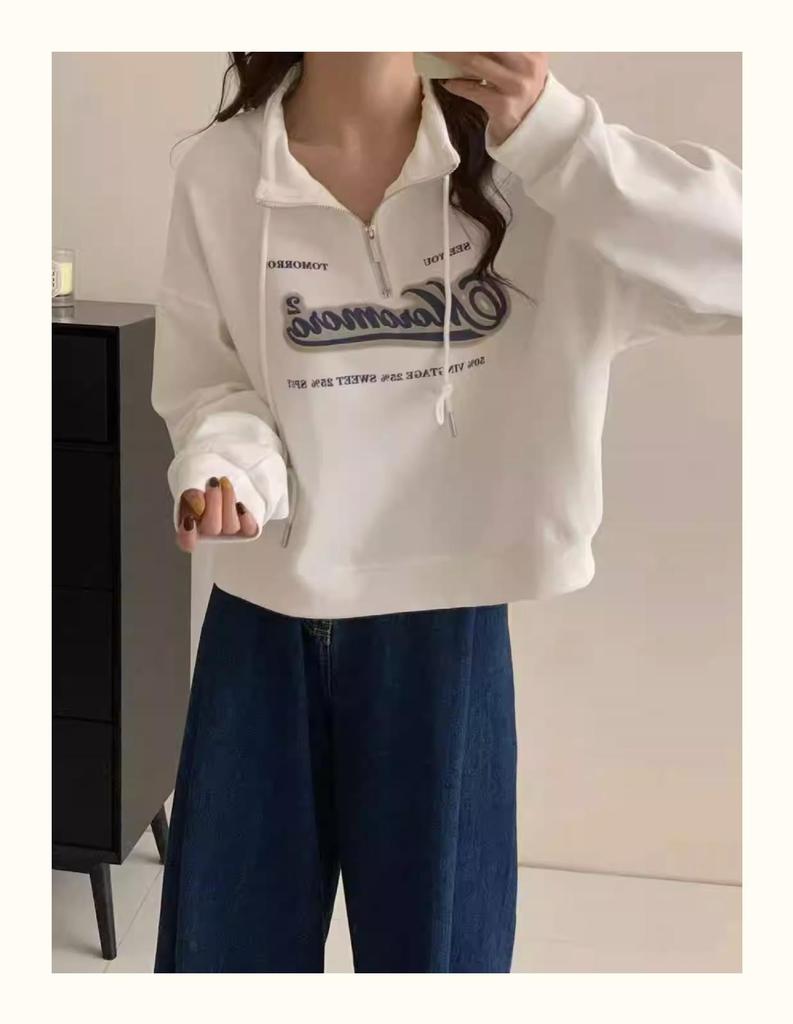 European Style Plus Size Stand Collar Sweatshirt for Women - High Waist, Slimming, Short Top for Spring & Autumn 2025