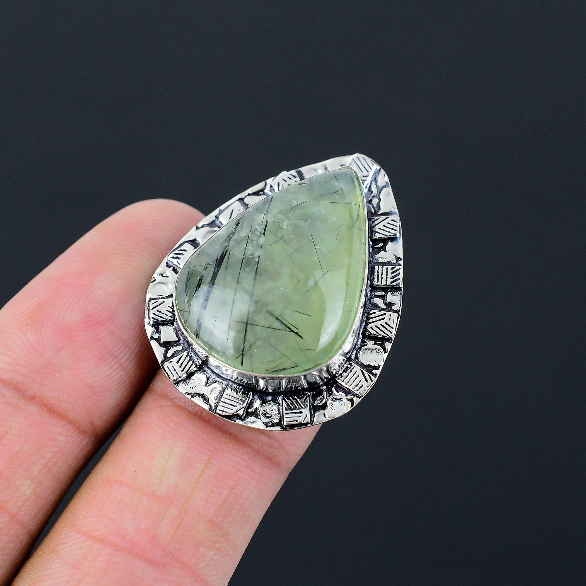 Mothers day Deal Pear Natural Moss Prehnite Stackable New Ring 925 Silver US 7 7