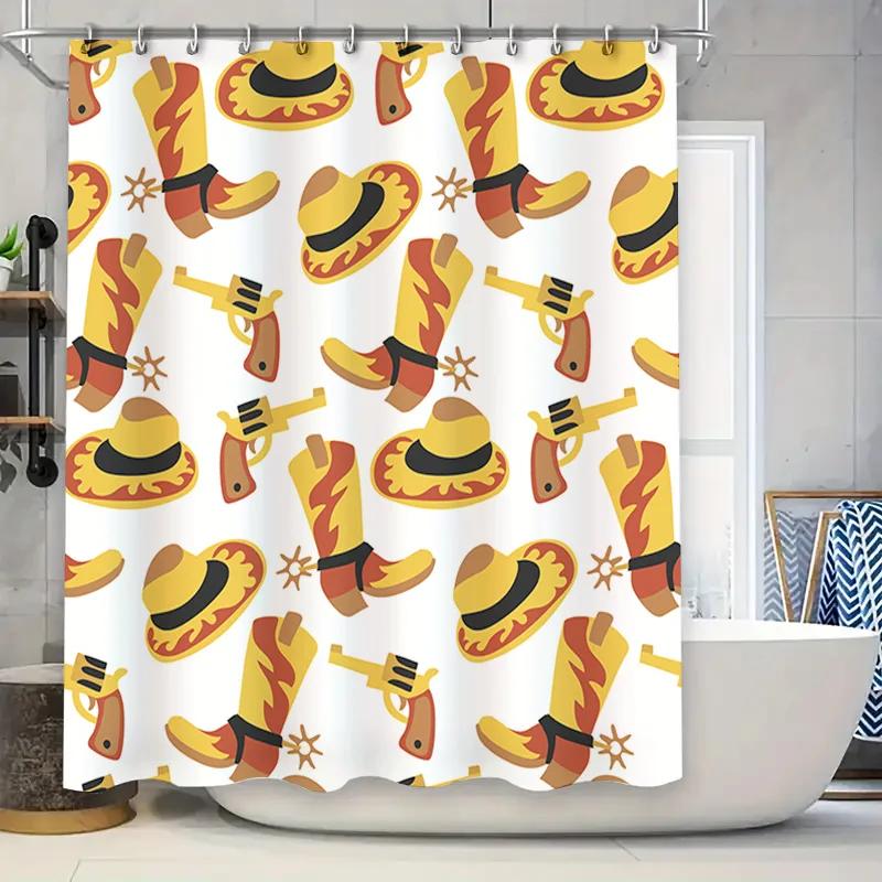 Western-themed shower curtain featuring cowboy boots and hats with yellow accents perfect for a rustic or country bathroom decor W90xH180cm