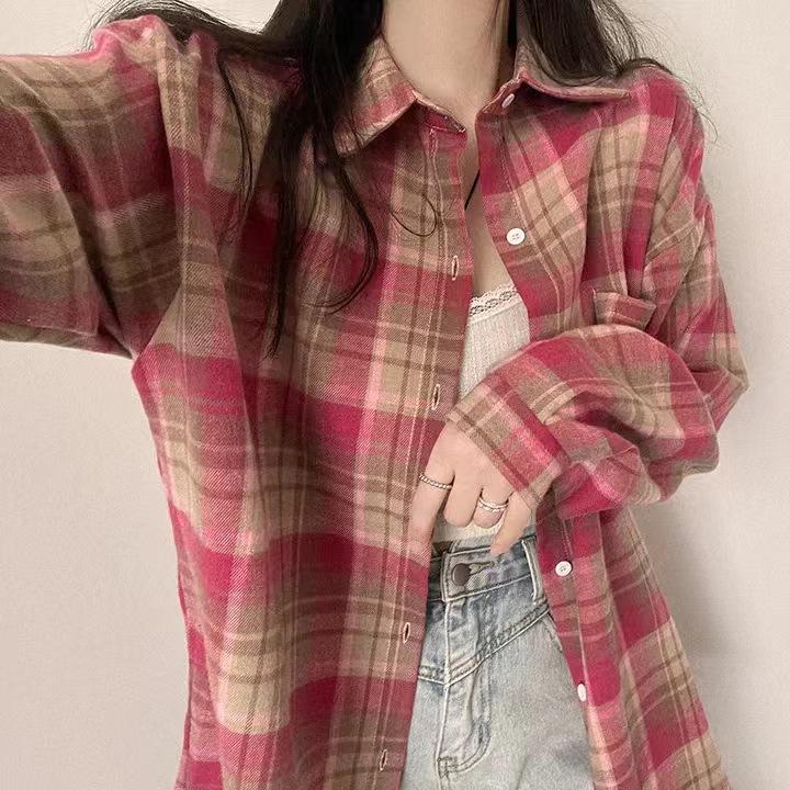 Korean Style Women's Plaid Shirt Top Plaid Shirt Loose and Versatile Thin Shirt Jacket