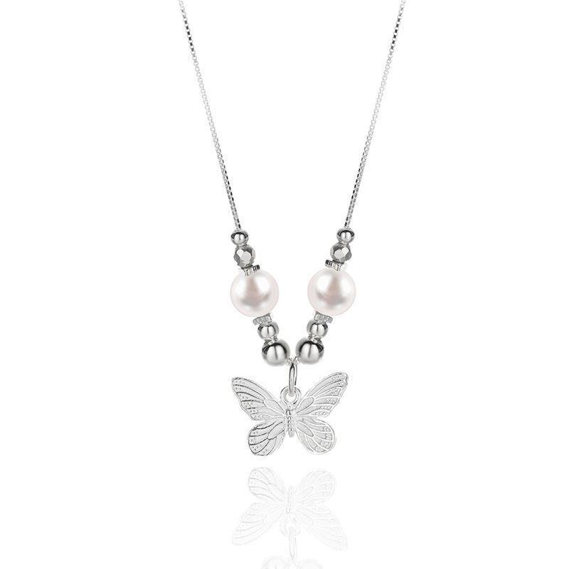 Tichiya S925 Sterling Silver Hetian Jade Butterfly Necklace with Imitation Pearl Chain - New Chinese Style 925 Silver