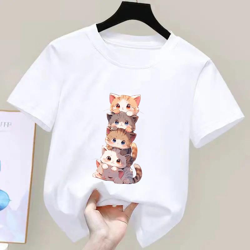 Fashion Funny Cat T Shirt Kids Letter Print Short Sleeve Round Neck Boys Girls Casual Summer Breathable Tshirt