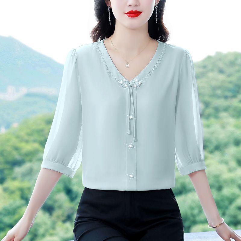 Módní šifonová košile s 3/4 rukávem Maminka Léto Novinka Jednobarevné Spodní díl Top Univerzální Věk Zmenšující Slim Fit halenka s výstřihem do V M-5XL