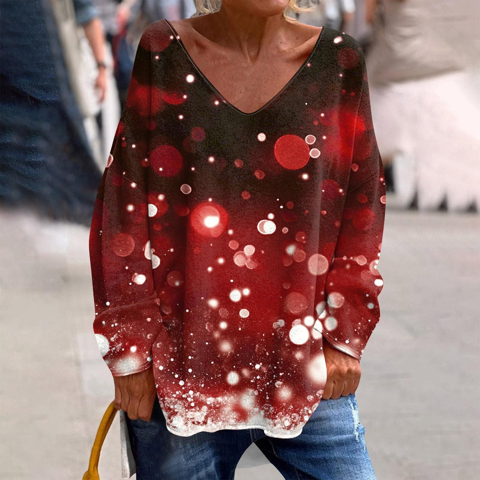 

Женская модная повседневная футболка с длинными рукавами и рождественским принтом с V-образным вырезом XL киноварь