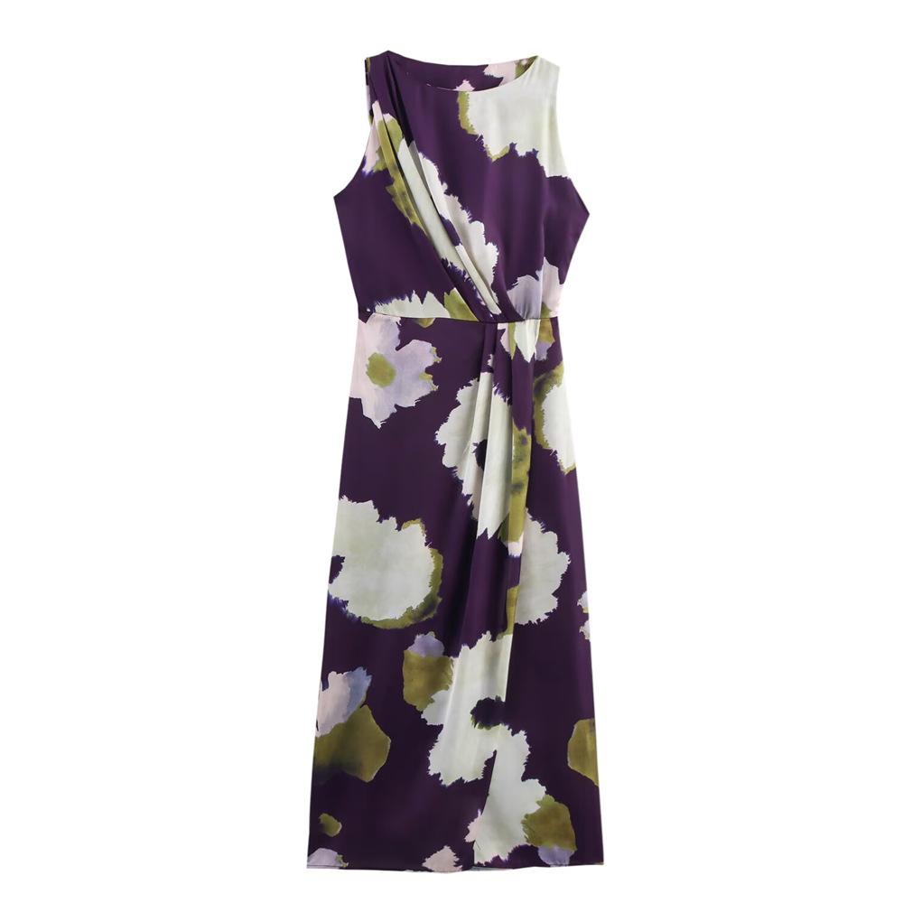 

2025 Spring/Summer Women s Slim Silk Satin Print Midi Dress XS фиолетовый