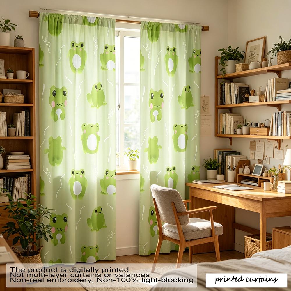 2-piece set of cute frog printed curtains, bedroom insulation semi blackout window screen fabric, machine washable polyester fib