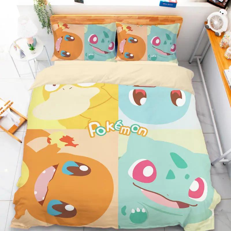 Tecknad Pokemon-inspirerad påslakan set Anime Pikachued Squirtled Eeveed Snorlaxed örngott täcke överdrag sängkläder set Enkel Twin King