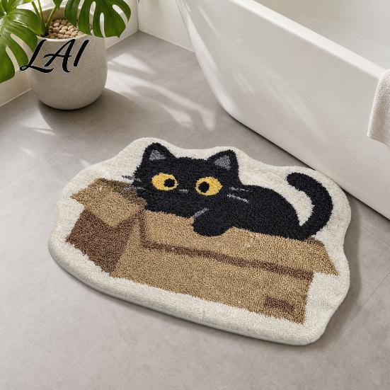 Durable Floor Mat Plush Bathroom Rug Non-Slip Absorbent Fluffy Mat Cute Easy Care Black Cat Door for Entrance Bedroom Living Room Washable