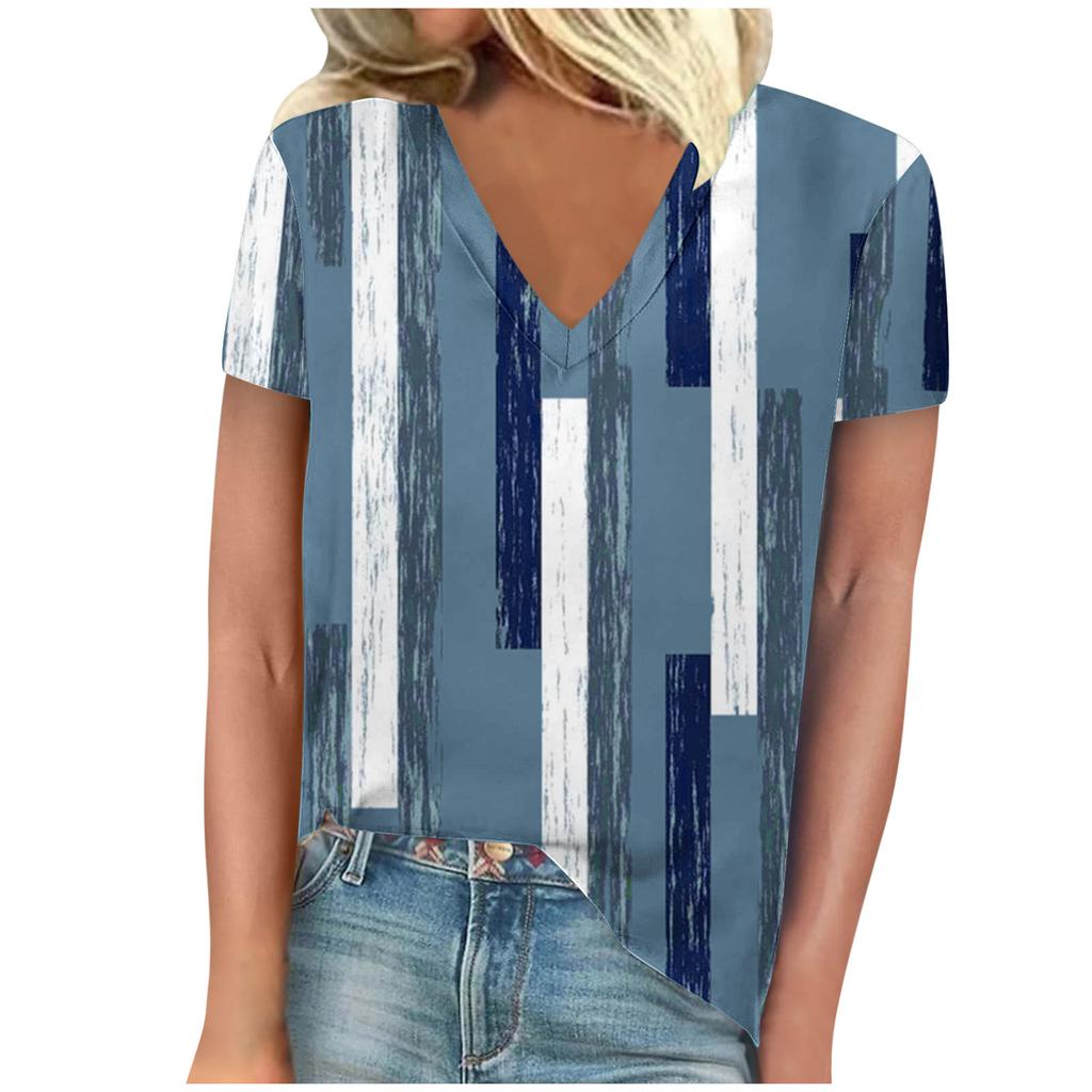 Summer V-neck 3D Stripe Printed Top Fashionable Casual Short Sleeved Women's T-shirts