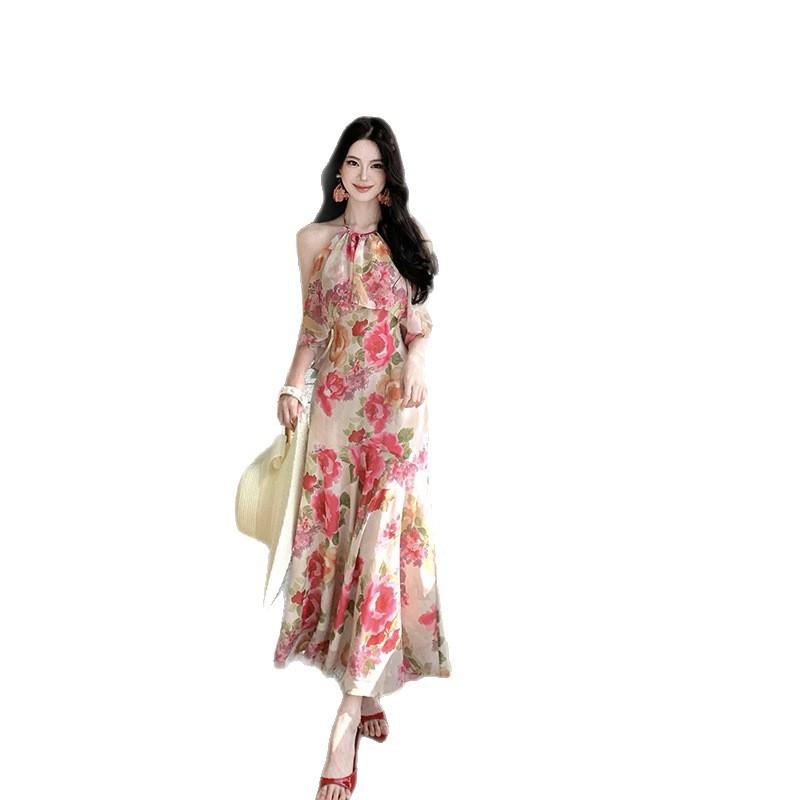 French vacation fishtail dress women's summer neck off shoulder sleeveless waist long skirt