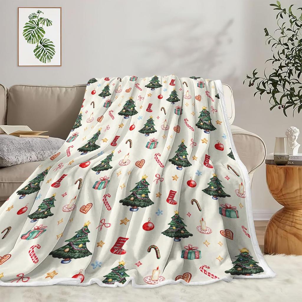 Christmas Throw Blanket  Cute Snowman Red Candy Cane Glove Snowflake Design Soft Flannel Warm Bed Cover for Holiday Couch Decor