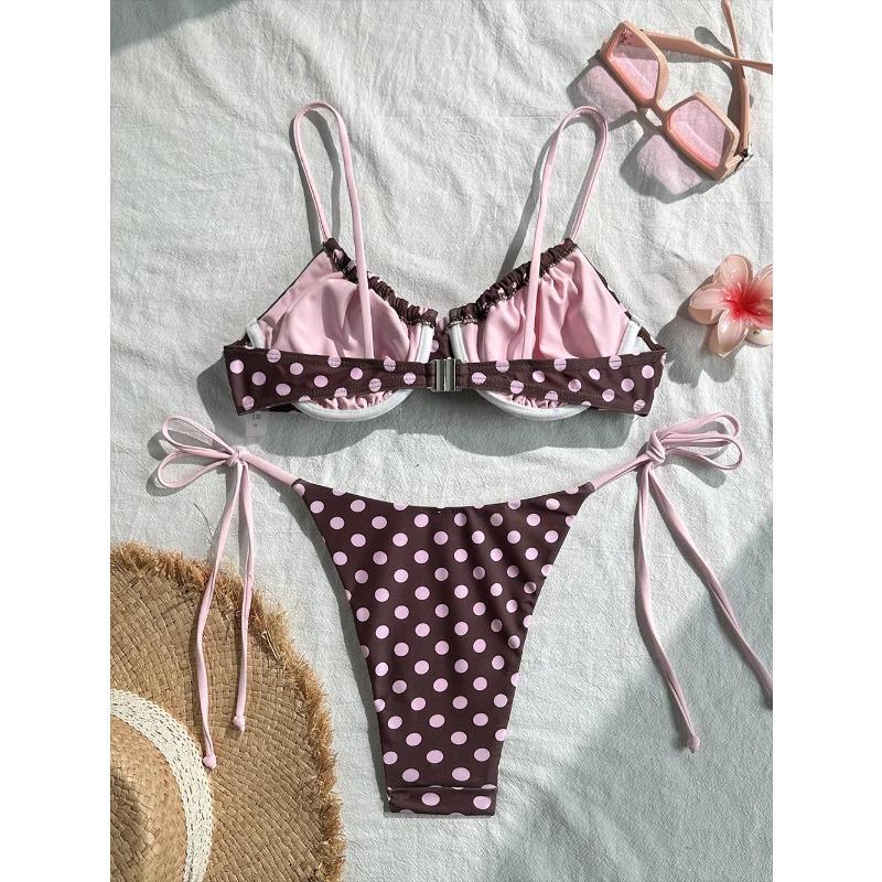 Vintage Brown Pink Polka Dot Bikini Set Women 2026 Summer Tie Side High Cut Swimsuit Two Piece Bathing Suit