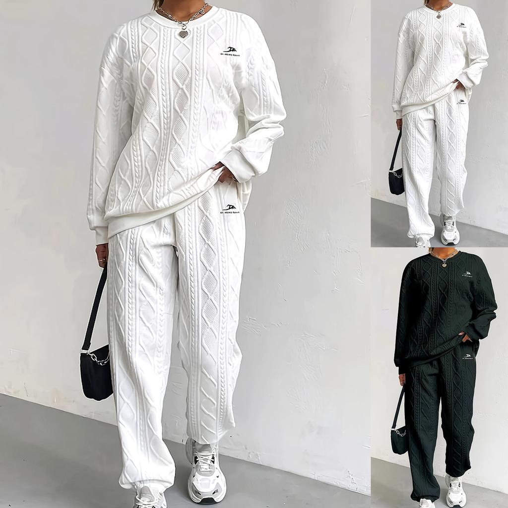 Women's Round Neck Long Sleeve Loose Cable Knit Two Piece Casual Tracksuit Elastic Waist Jogger Pants Matching Outfit