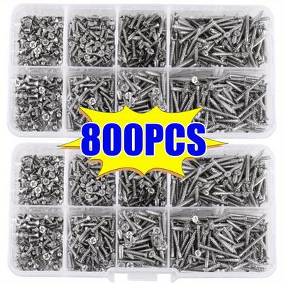 800pcs M2 Cross Disc Head Self-Tapping Screw Nickel Plated Carbon Steel 4Mm-20Mm Wood Screw Classification Kit Lock Nut Screw Fastener Set (Flat Head)