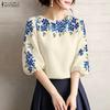 ZANZEA Women Casual Round Neck Floral Print Loose 3/4 Sleeve Blouse