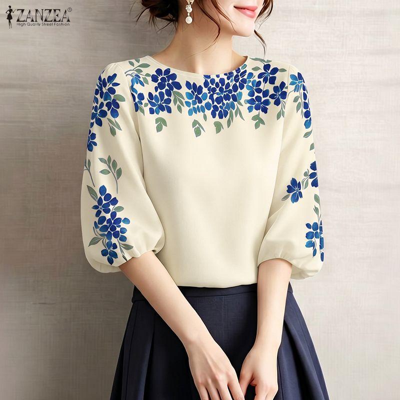 ZANZEA Women Casual Round Neck Floral Print Loose 3/4 Sleeve Blouse