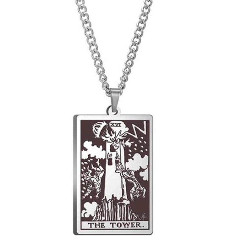 Tarot Stainless Steel Necklace Men'S Hip Hop Personality Retro Square Pendant Sweater Necklace