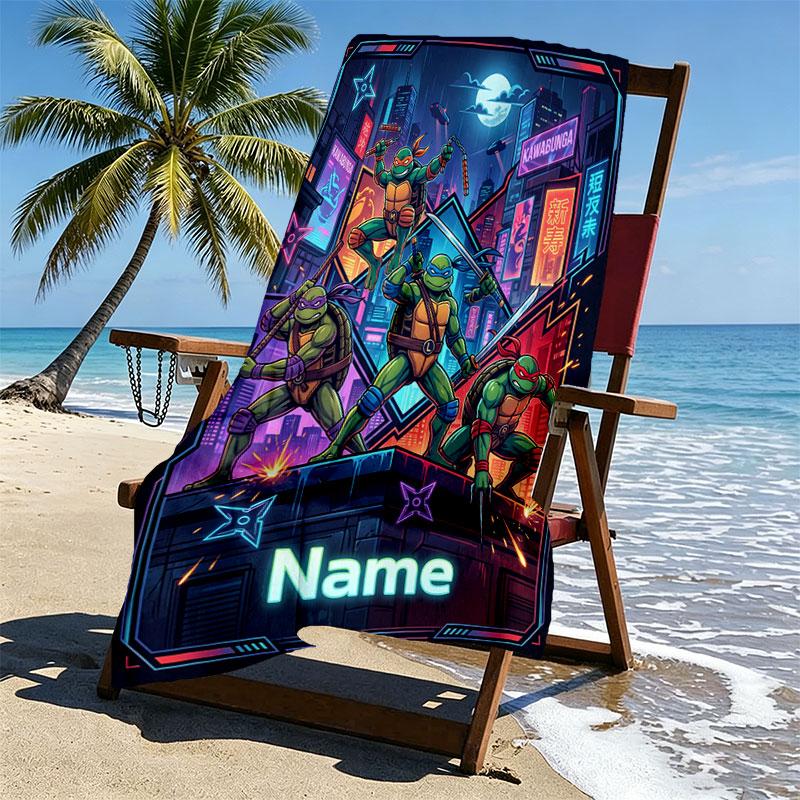Custom Name Personalized Teenage Ninja Turtles Print Beach Towel, for Trip Camping Beach Party Home Decor, Birthday Gift for Family & Friends