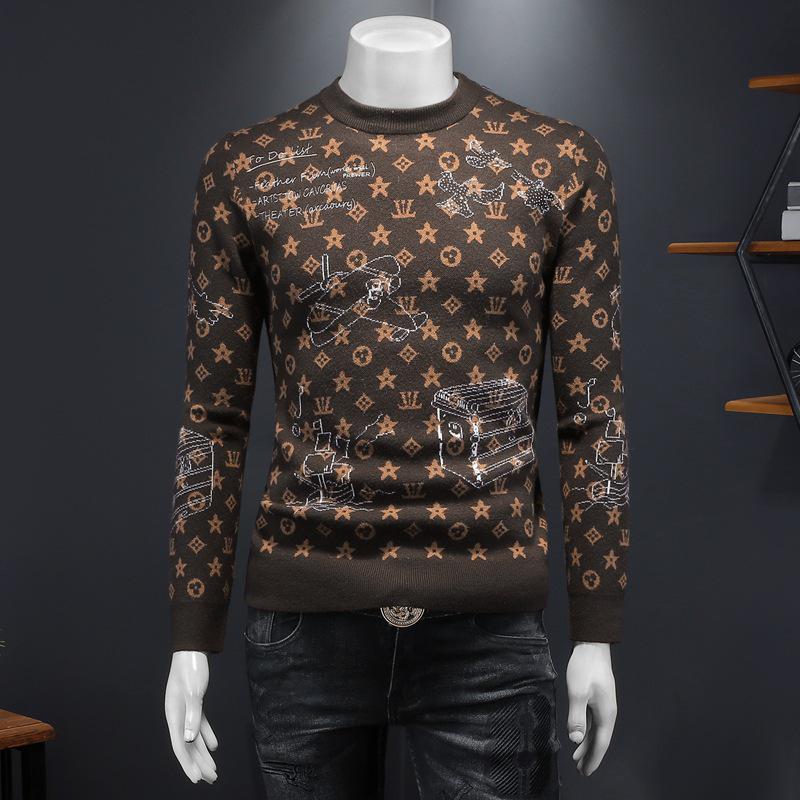 Męski zimowy europejski sweter z żakardowej wełny 2024 - Modny dzianinowy z okrągłym dekoltem, codzienna odzież