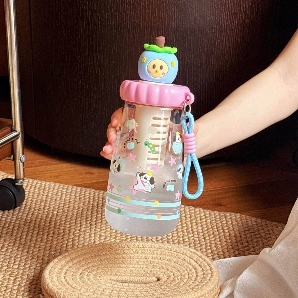 Water bottle cute apple doll plastic cup summer high value straw cup girls make tea leak-proof portable accompanying water cup
