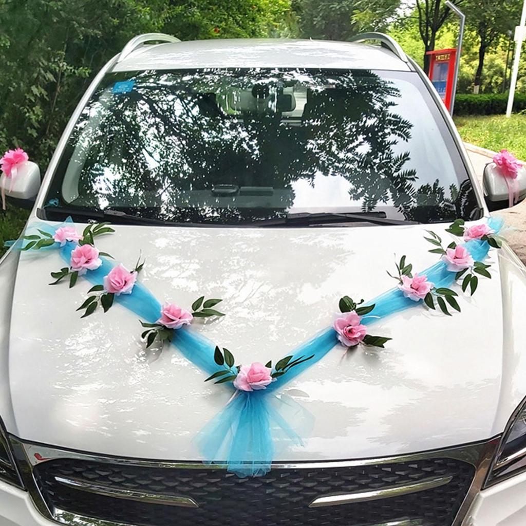 Wedding Car Front Artificial Flowers Ornament Decor Wreath Ribbons Rose Flower