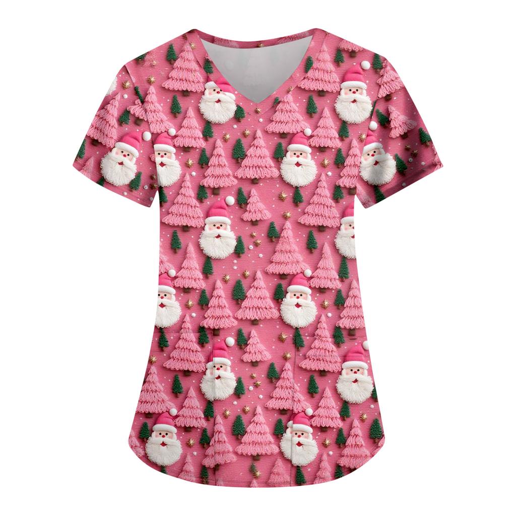 Women's Fashion Casual Christmas Print Pocket T-shirt Top