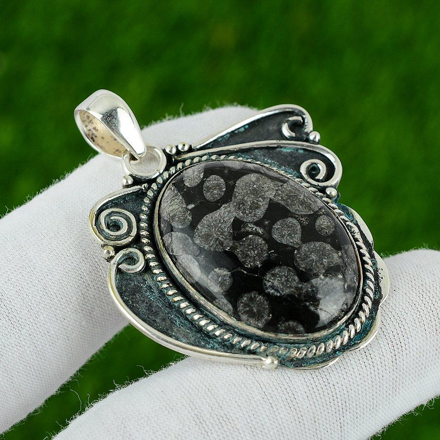 Natural Black Fossil Coral Gemstone Pendant 925 Sterling Silver For Girls