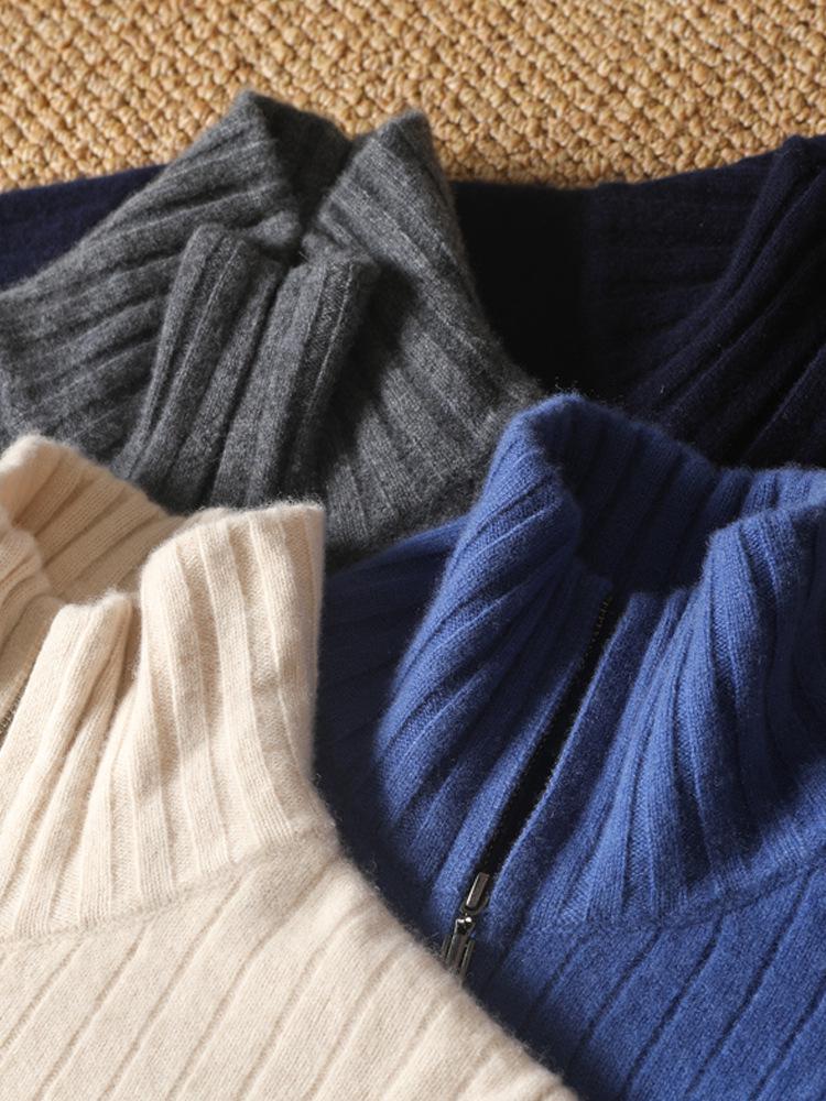 Herren Cardigan 100% Reine Wolle mit Reißverschluss: Herbst/Winter Schlank geschnittener Pullover mit vertikalem Rippstrick und Reverskragen.
