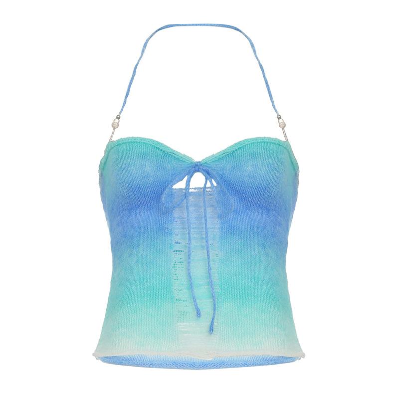 Little fresh girl dopamine gradual change color wool suspender design sense hollow low neck lace up sexy vest top