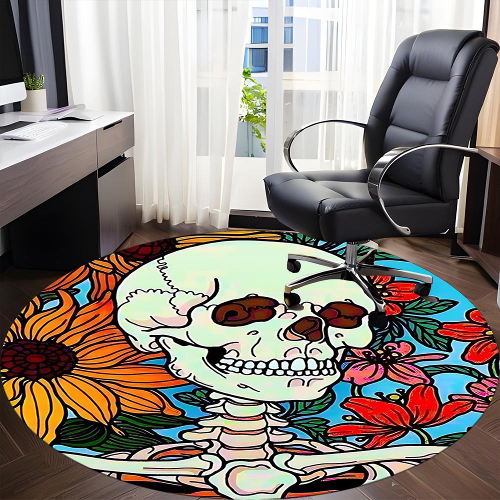 1pc Skull Flowers Office Round Area Rug, Under Office Chairs Bedroom Living Room Home Decor, Room Deco, Available in Various Sizes